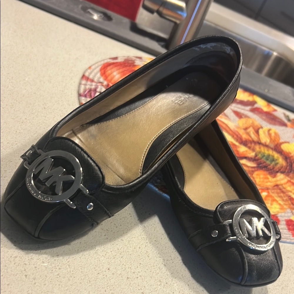 Michael Kors Black Leather Flats with Silver Logo